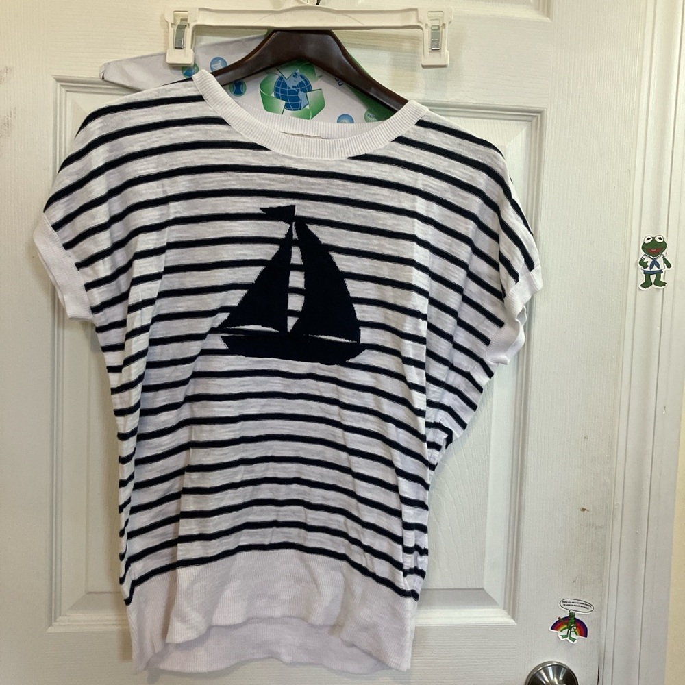 LOFT Sailboat Striped knitted top- navy blue and White